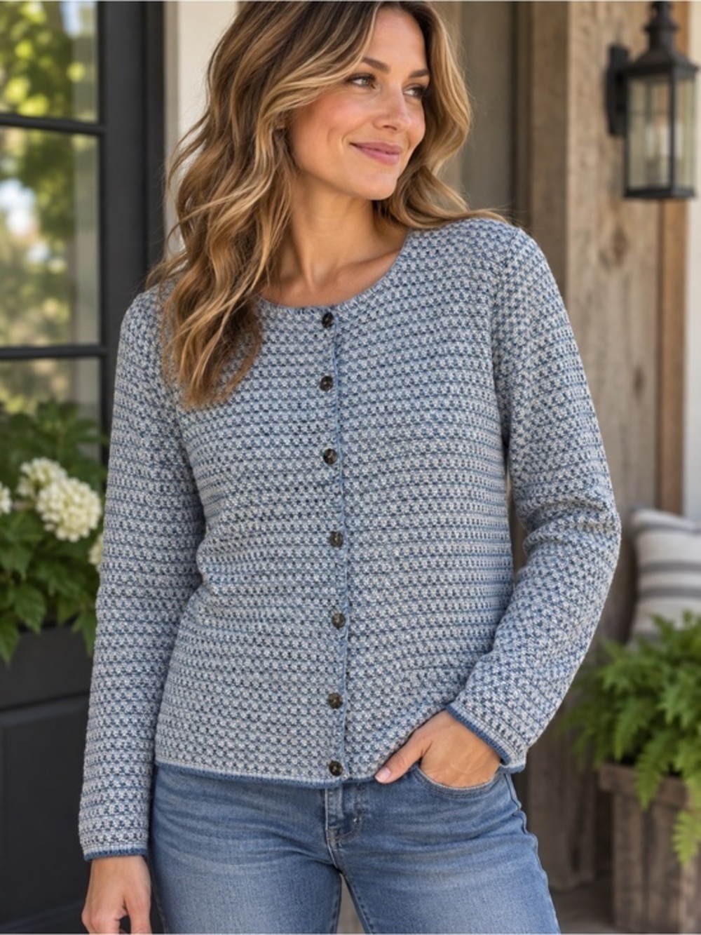 Vintage Knitty Gritty Knits Women’s Medium Cardigan Blue White USA Vermont